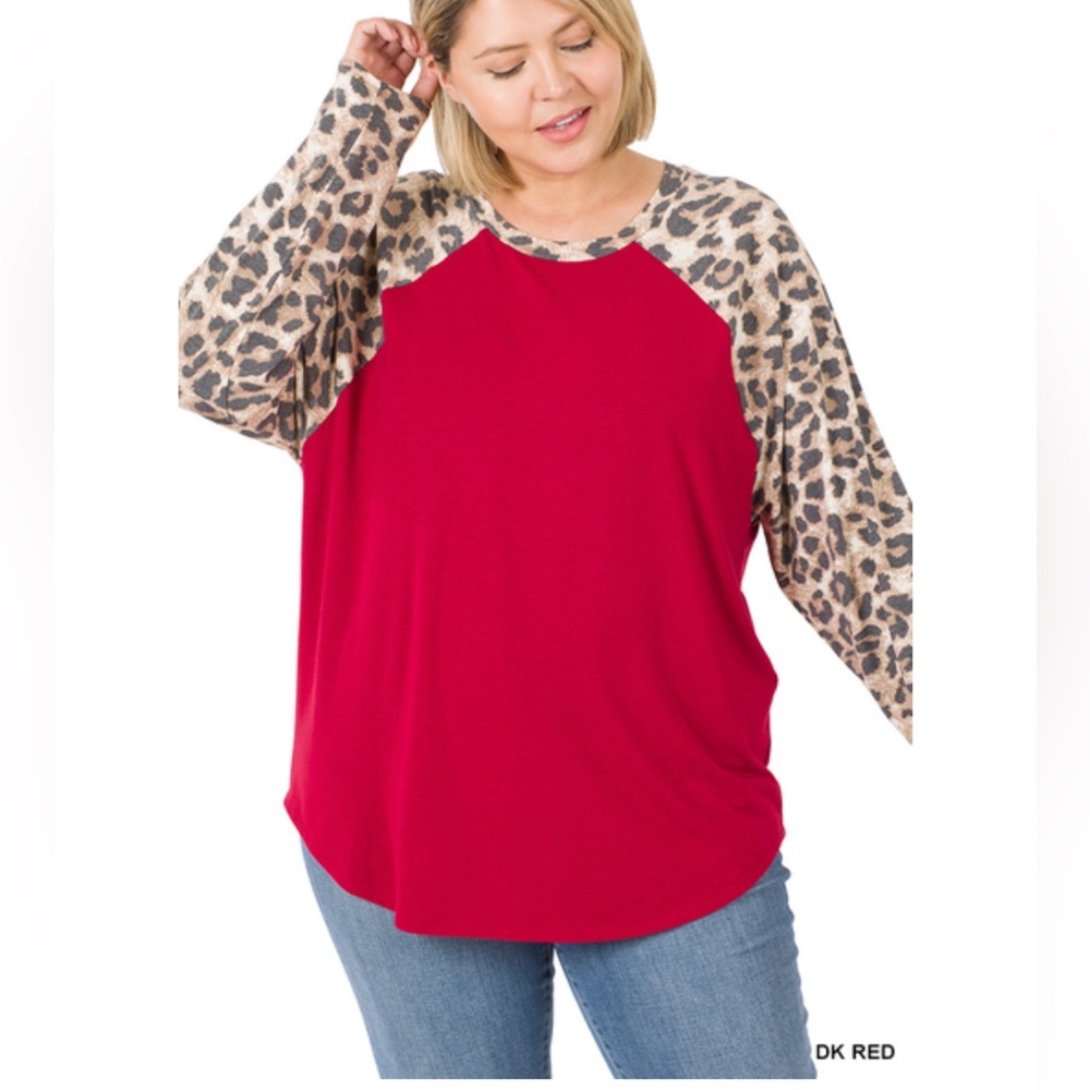 Plus Raglan Leopard Long Sleeve MODEST top 1X-3X NEW Dark Red